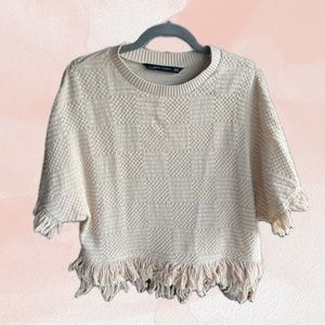 Zara Cream Short Sleeve Fringe Sweater